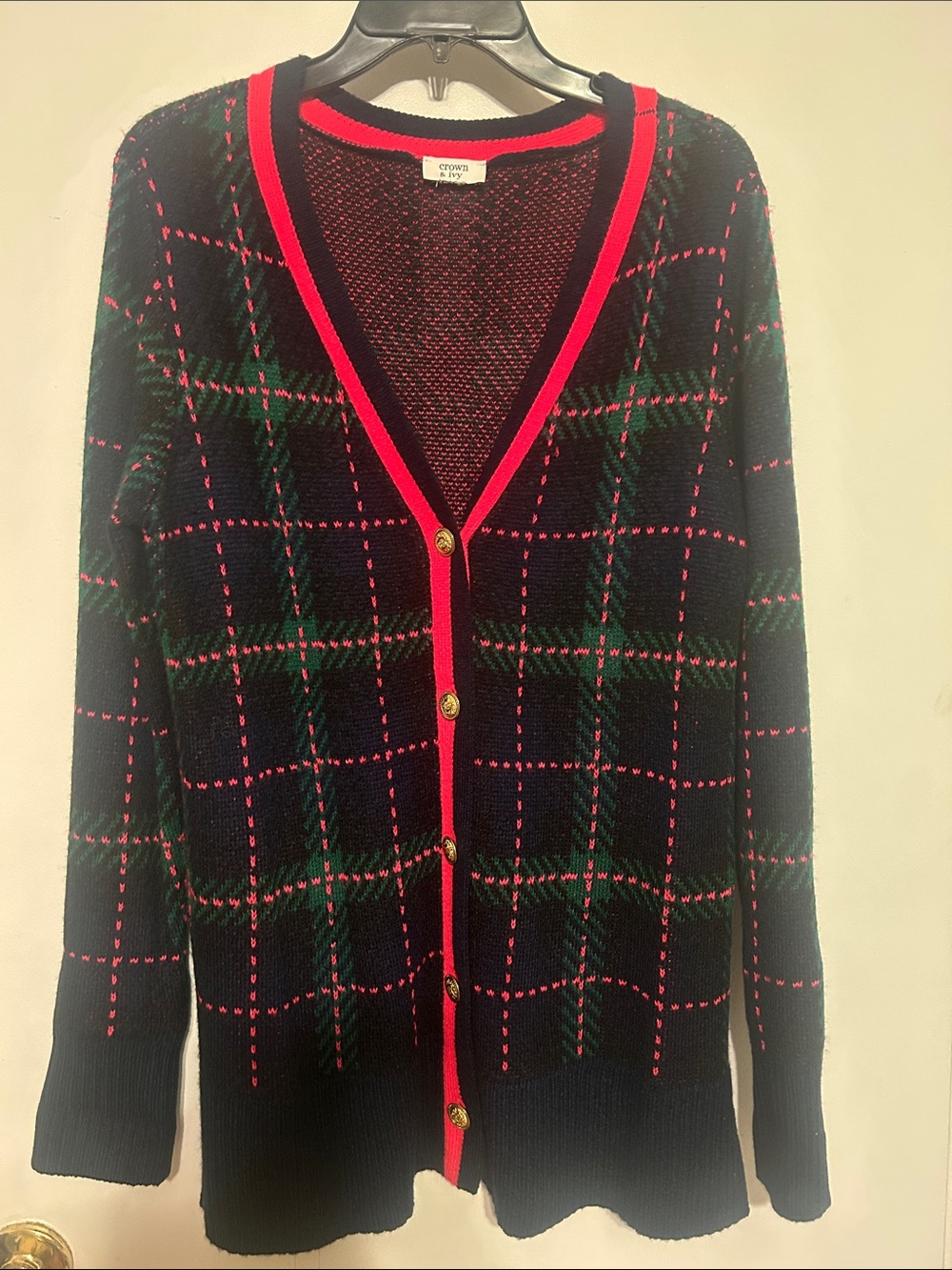 Crown Navy Cardigan with Pink Grid and Green Accents